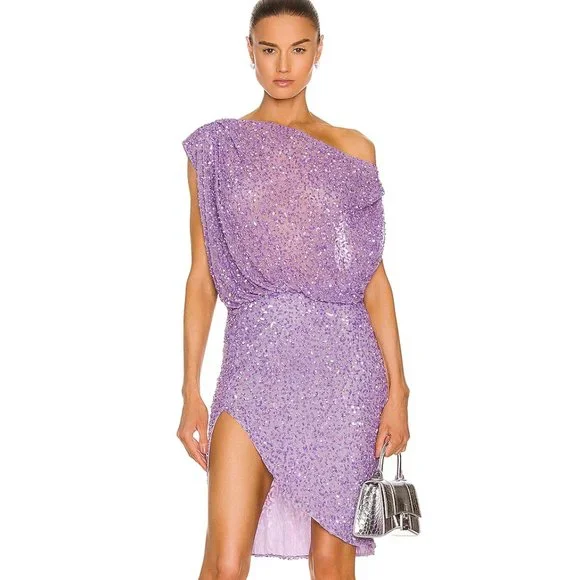 retrofete Jean Mini Dress Lavender Light Purple Crystal Sequin Off Shoulder XS - Picture 1 of 5